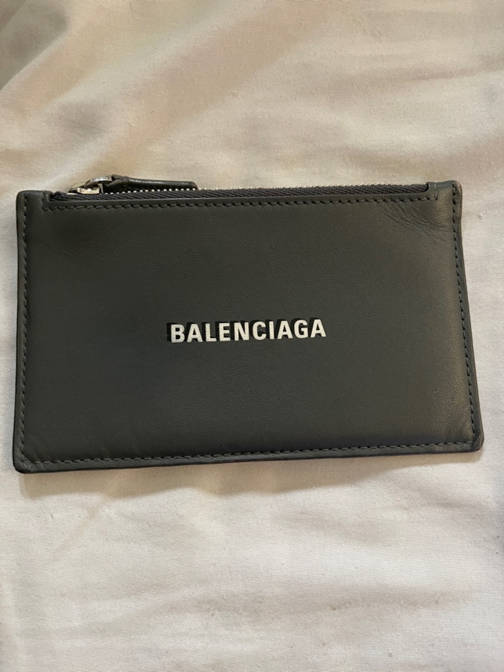 Balenciaga Black Leather Zip Card Pouch with White Logo